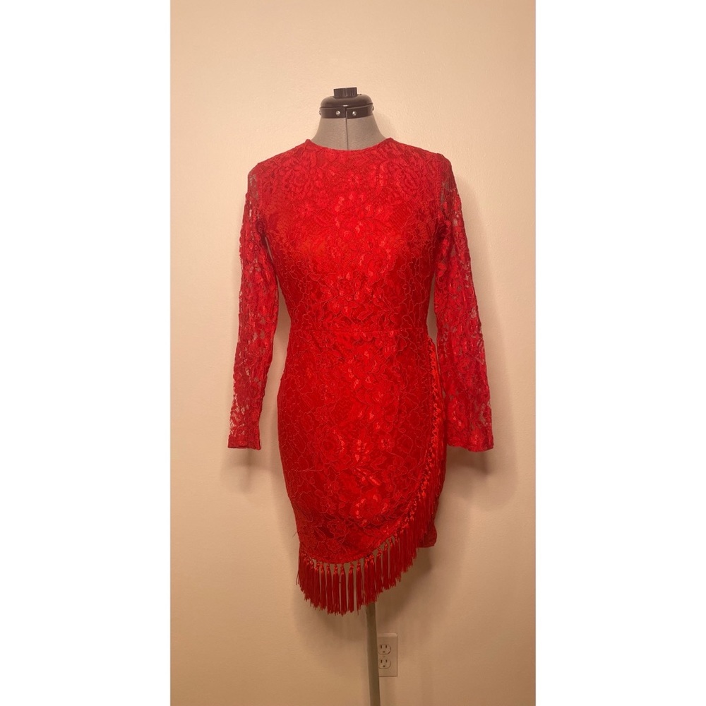Red lace dress with tassels